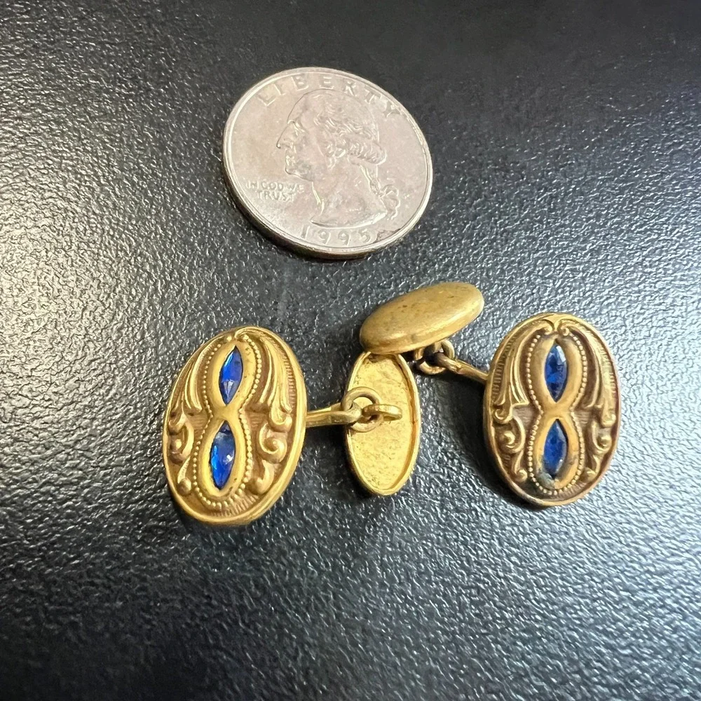 Vintage Mens Cufflinks Gold Tone Blue Glass Art Deco Oval Chain Link